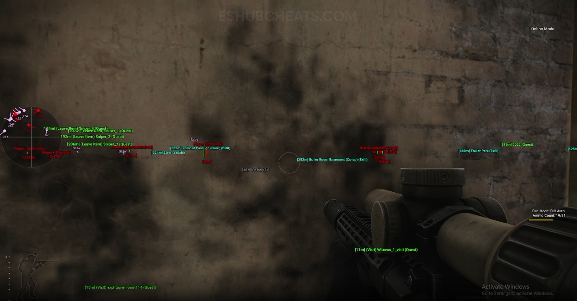 EFT overlay with player markers, radar, quest labels and extraction distances