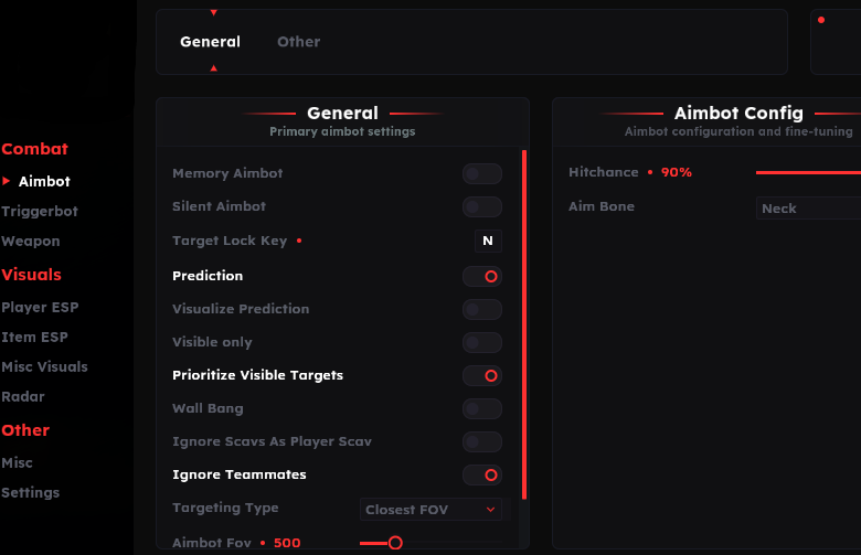 EFT Full menu showing memory aim, silent aim, prediction and target settings