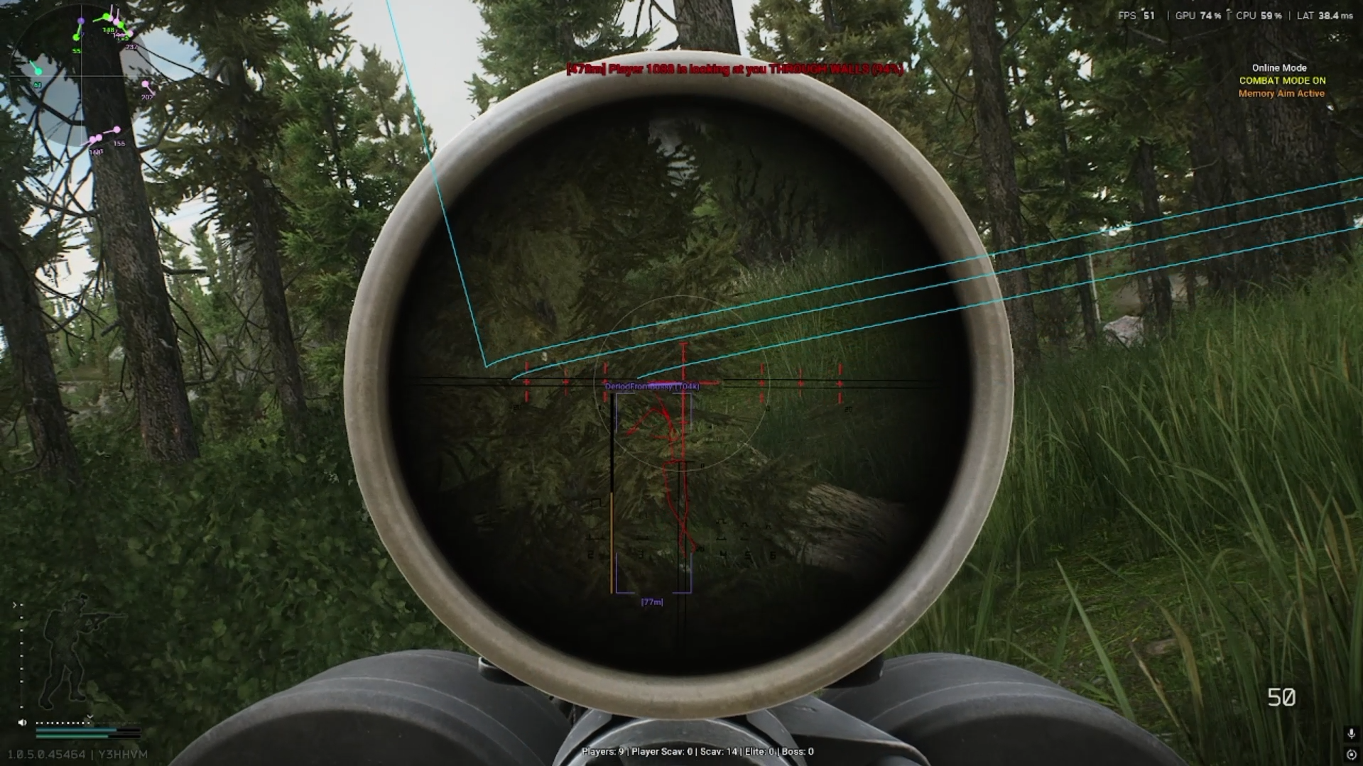 EFT aiming preview with a scoped player marker and Memory Aim Active indicator